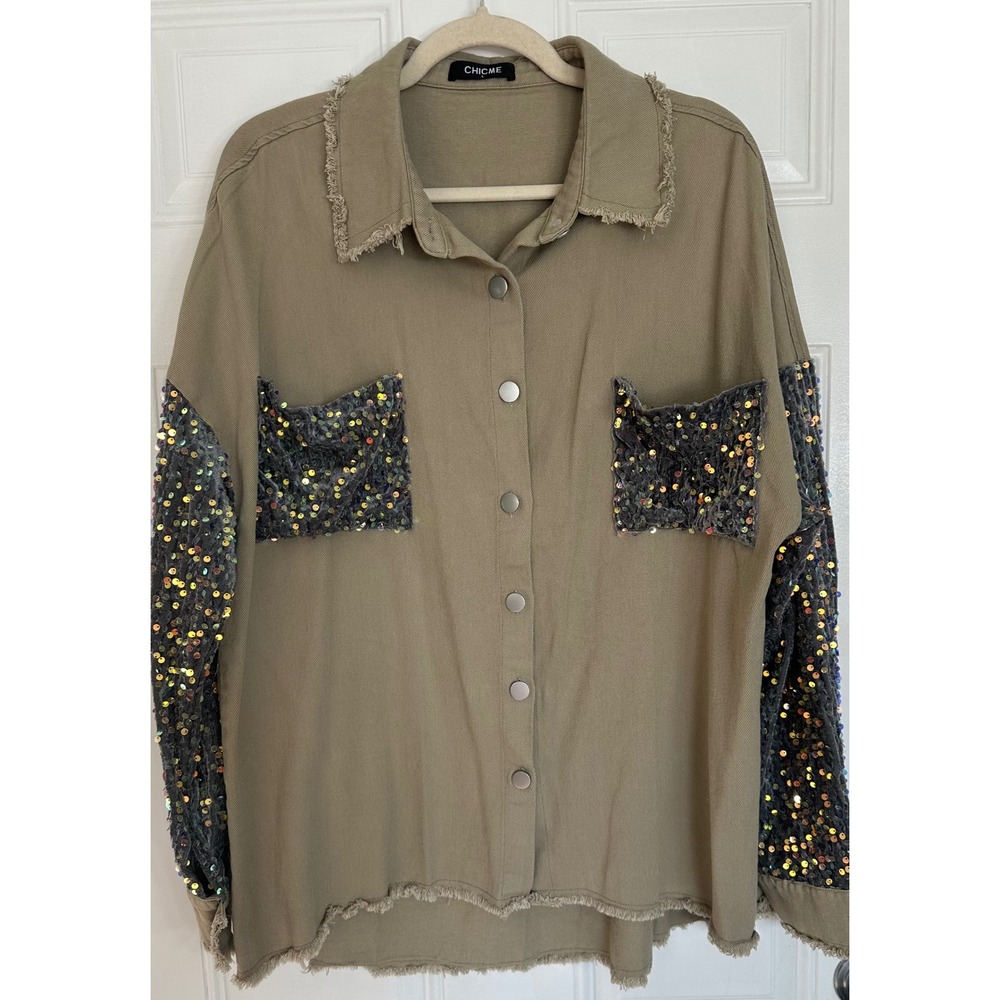 ChicMe Olive Green Sequin Sleeve Button Down Shacket Frayed Hem size L